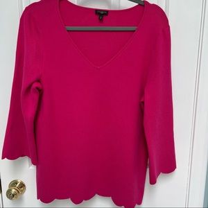 Talbots pink V neck sweater with scalloped sleeves and bottom edge.  Size 0X.